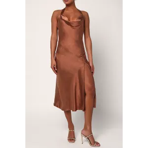 LULUS SOPHISTICATED IMPRESSION SATIN MIDI DRESS - BROWN