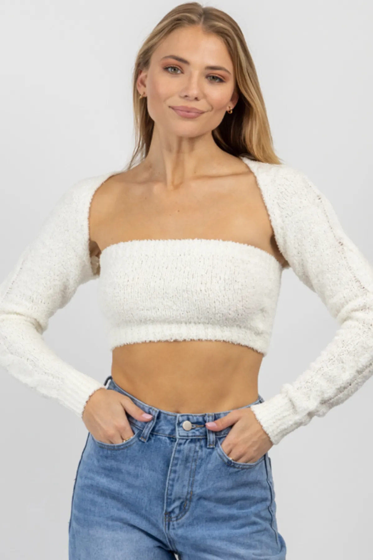 MATCH MADE IVORY FUZZY BOLERO TOP