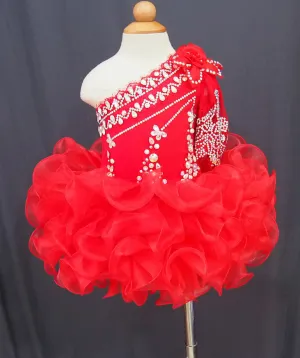 One Shoulder Beaded Bodice Red Cupcake Pageant Dress  G115-2