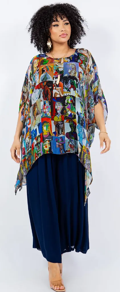Picasso Blue Period Modern Art Oversize Tunic Top Lagenlook Boho Hippie Chic SML-6X 