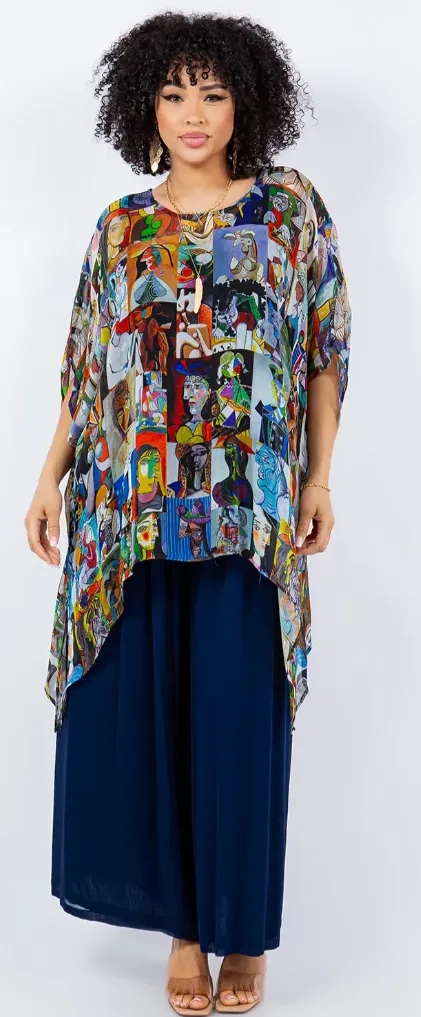 Picasso Blue Period Modern Art Oversize Tunic Top Lagenlook Boho Hippie Chic SML-6X 