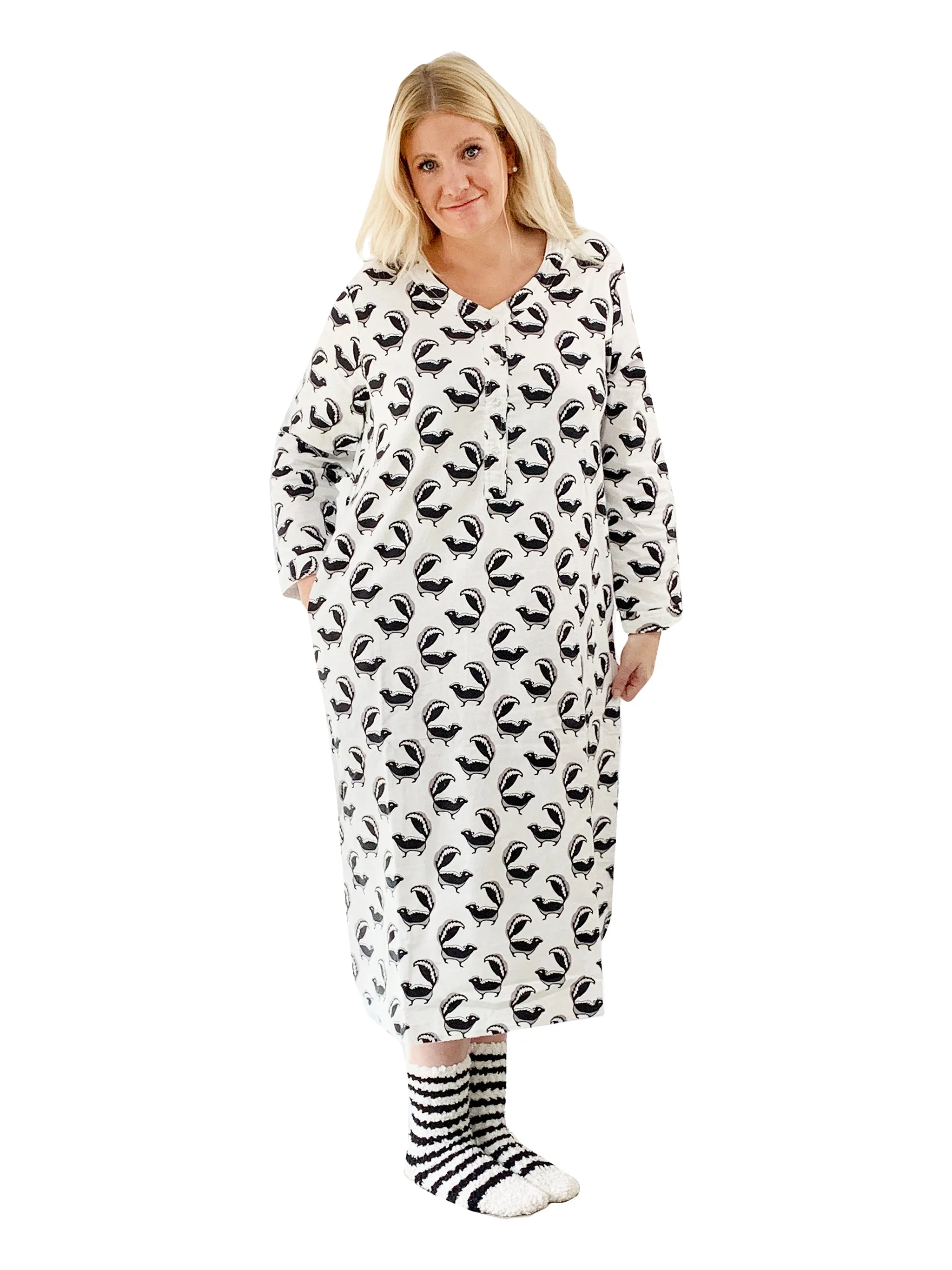 Plus Size Whimsical Skunk Flannel Henley Night Shirt