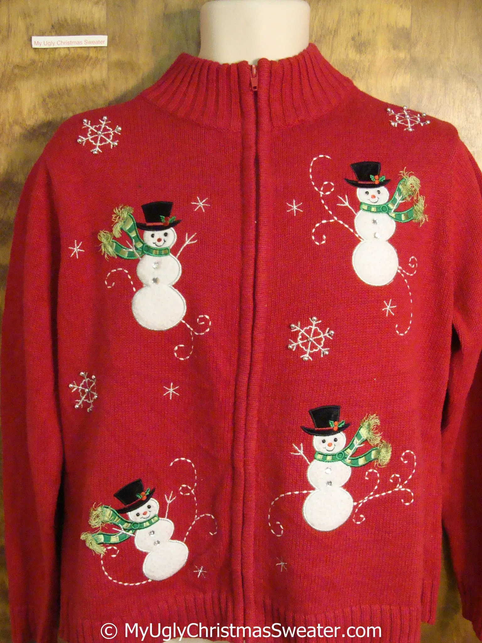 Red Christmas Sweater with Four Happy Snowmen