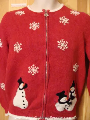 Red Festive Christmas Sweater with Snowmen and Snowflakes