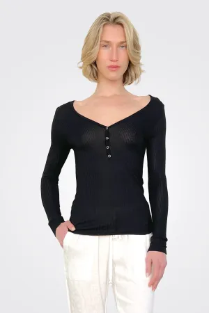 Rib Knit Henley - Black