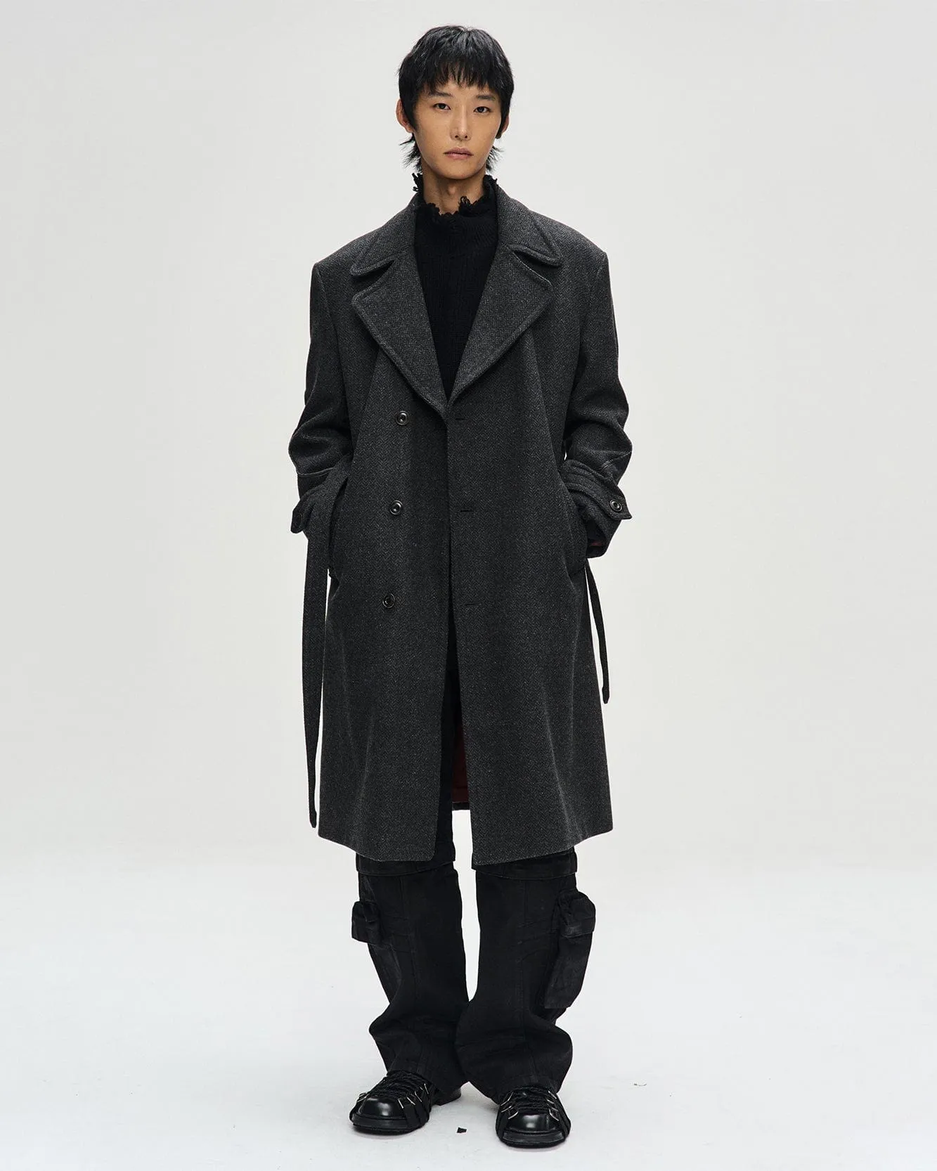 ROVY DOUBLE BREASTED HERRINGBONE COAT awa640m(CHARCOAL)