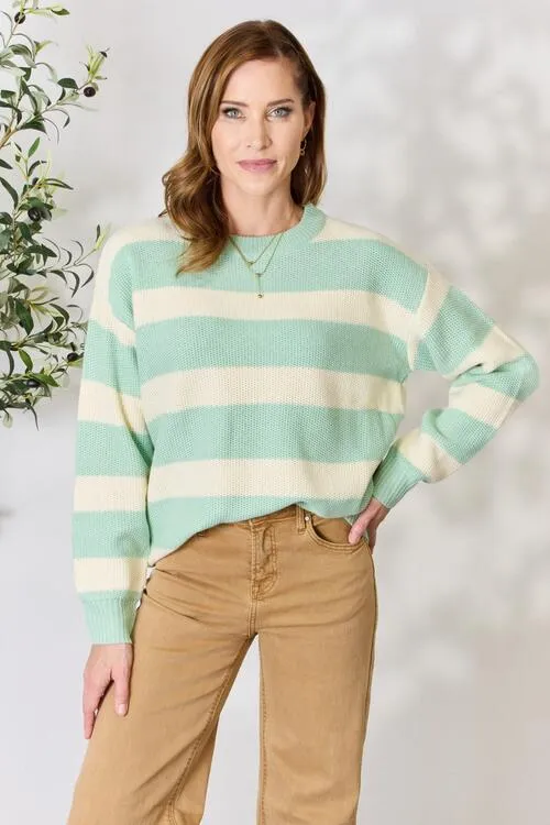 Sage   Ivory Striped Round Neck Sweater