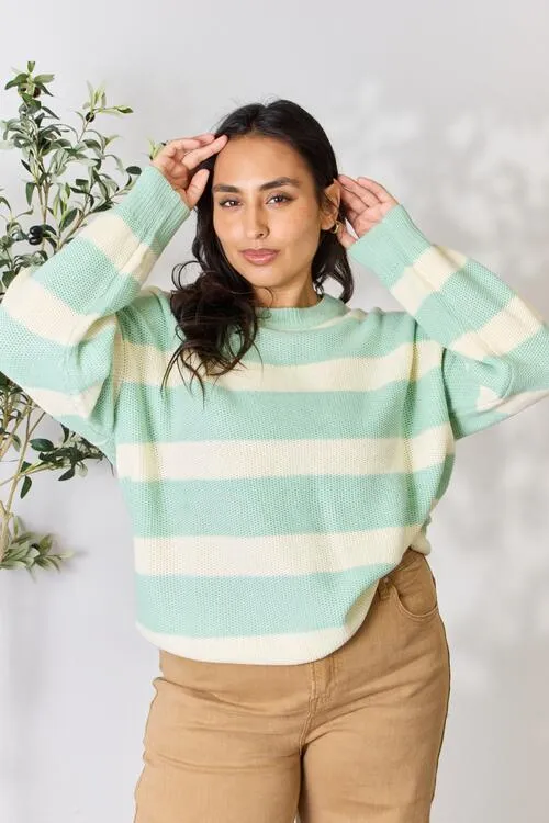 Sage   Ivory Striped Round Neck Sweater