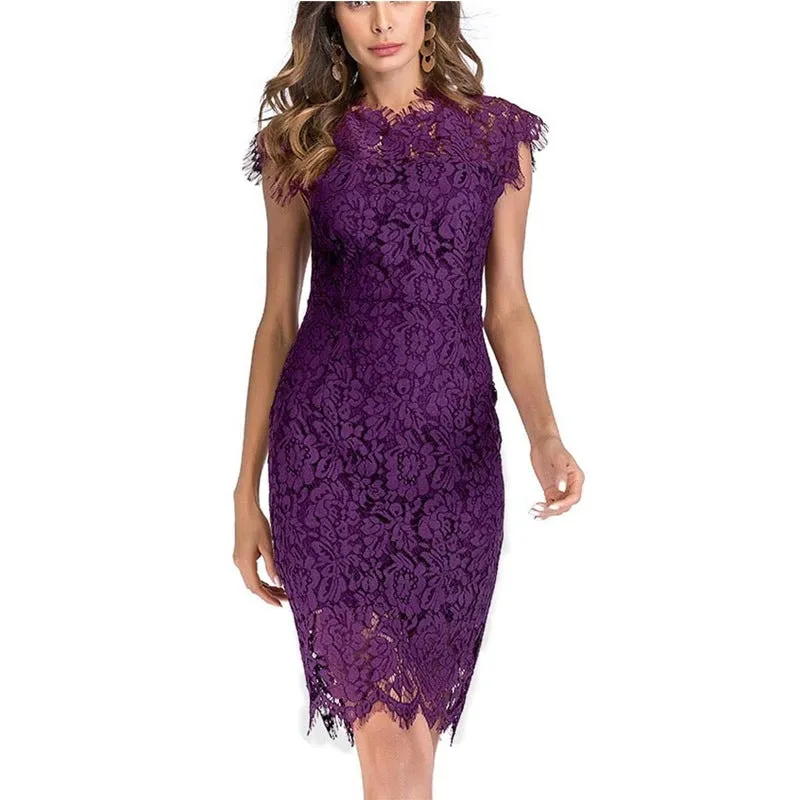 Sexy sleevesless lace knee length sheath dress | Formal cocktail party pencil dress