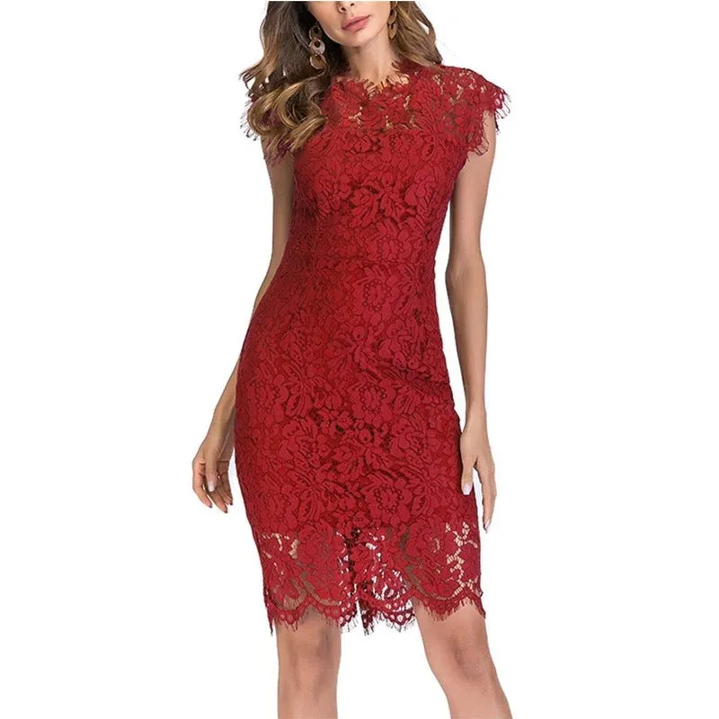 Sexy sleevesless lace knee length sheath dress | Formal cocktail party pencil dress