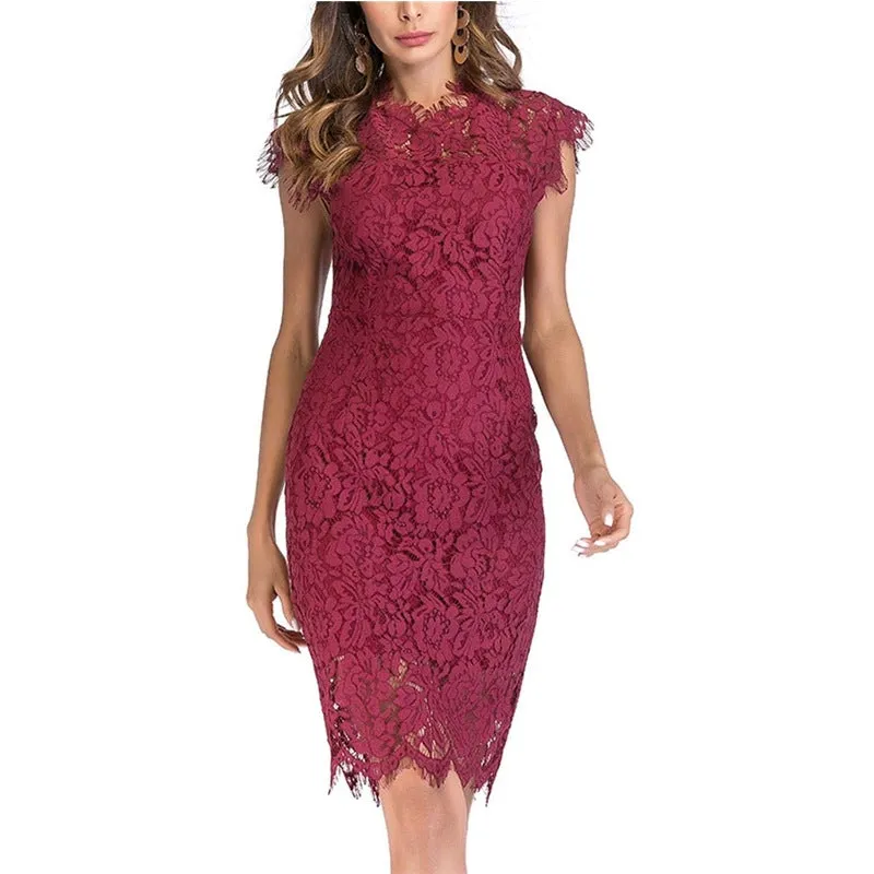 Sexy sleevesless lace knee length sheath dress | Formal cocktail party pencil dress