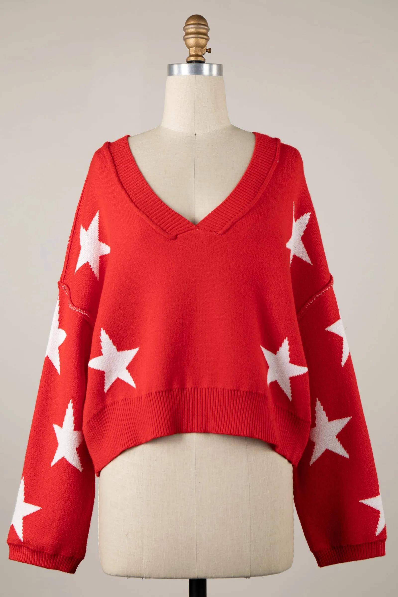 Star Print V Neck Soft Knit Sweater Loose Crop Top