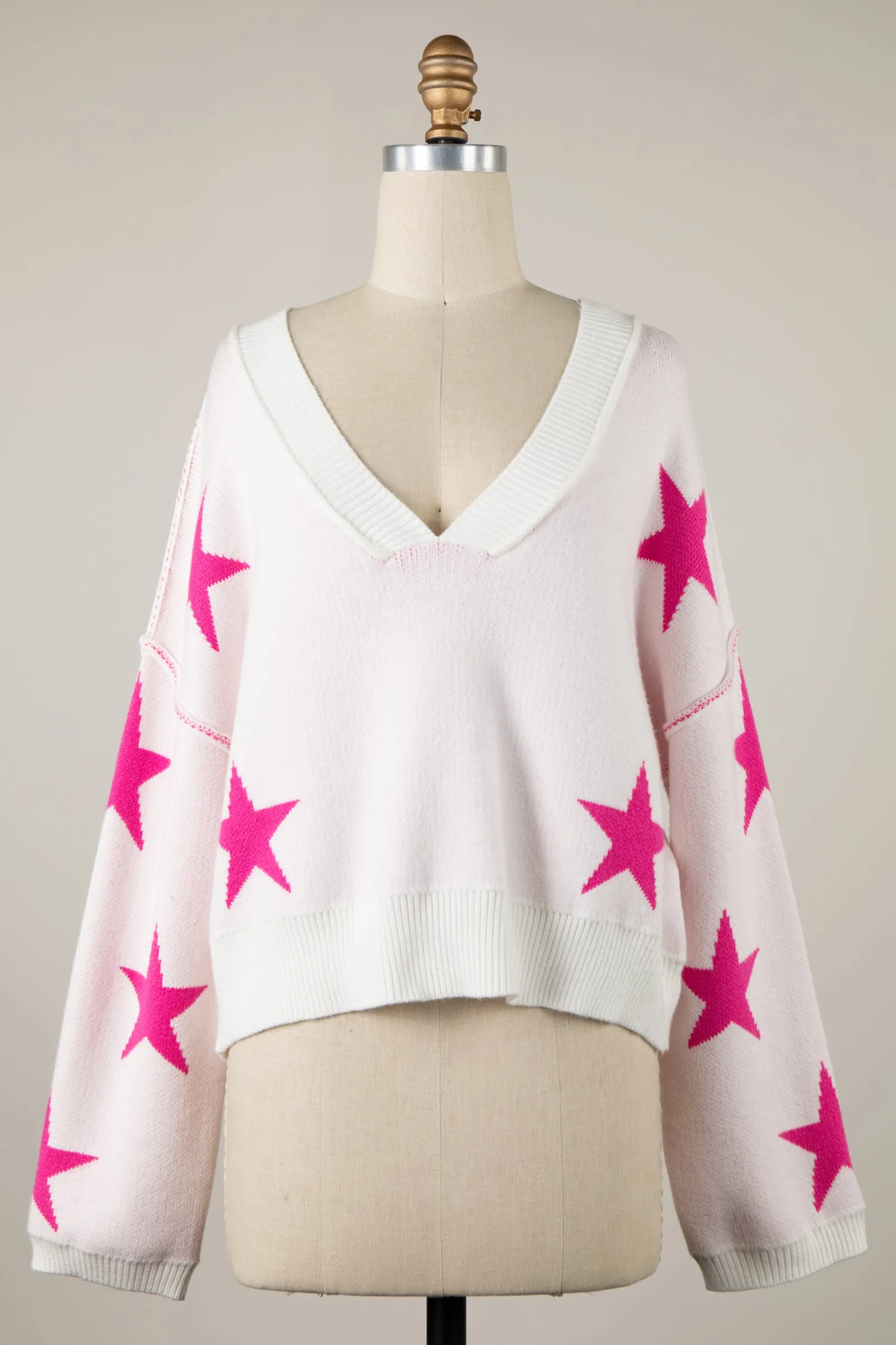 Star Print V Neck Soft Knit Sweater Loose Crop Top