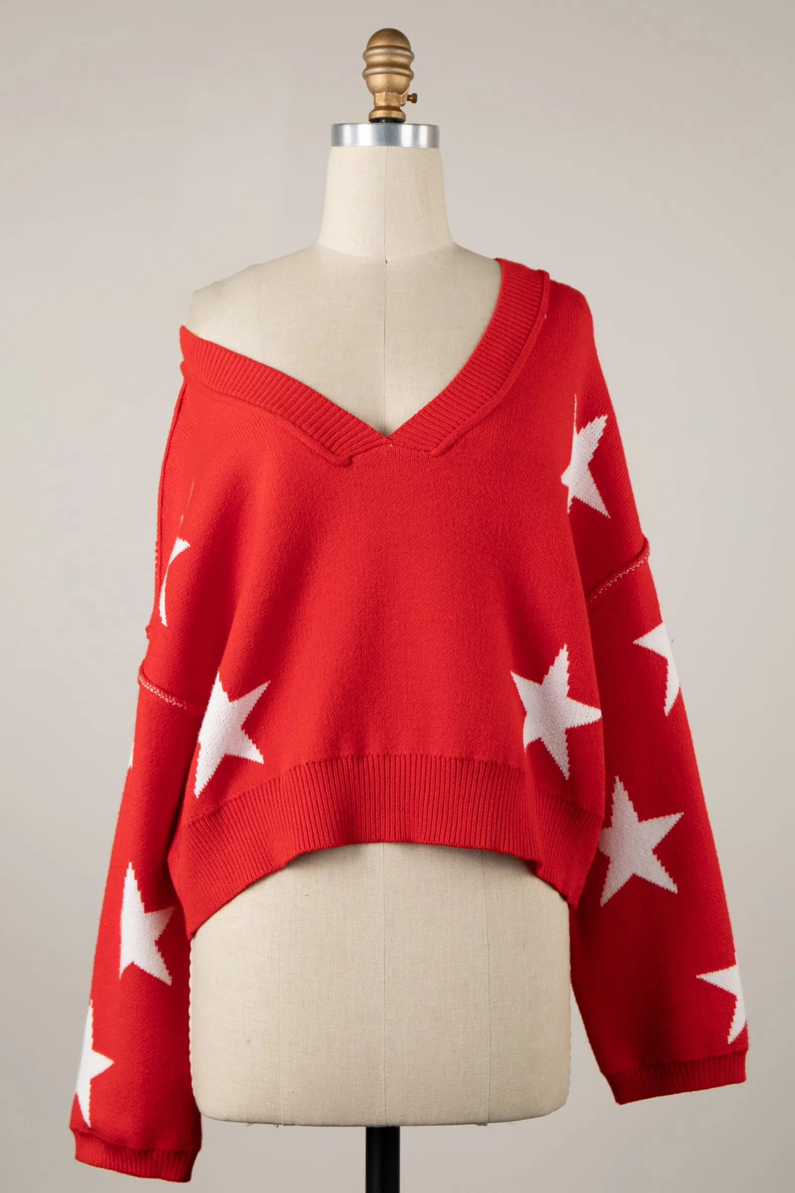 Star Print V Neck Soft Knit Sweater Loose Crop Top