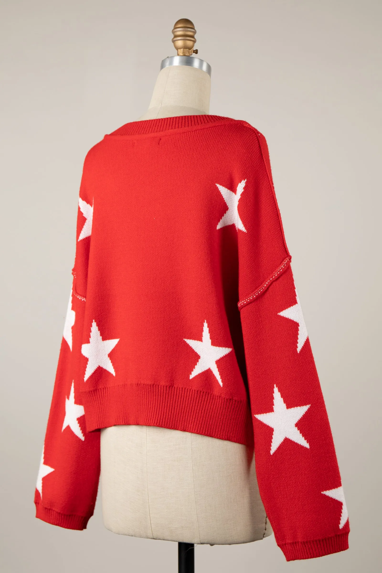 Star Print V Neck Soft Knit Sweater Loose Crop Top