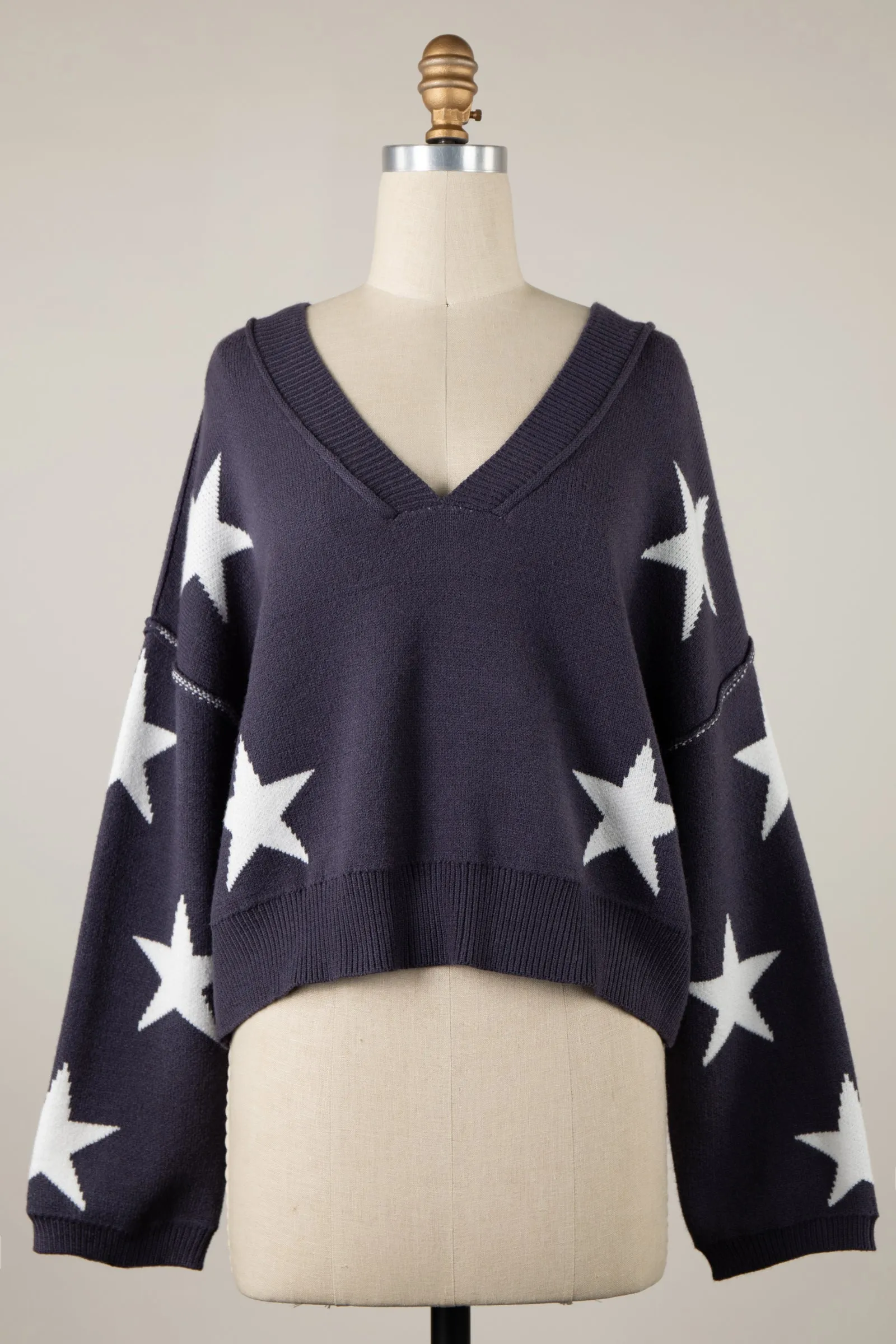 Star Print V Neck Soft Knit Sweater Loose Crop Top