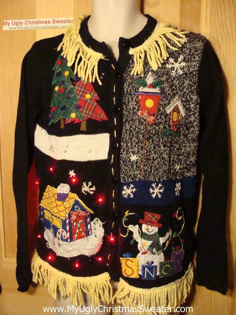 Tacky Ugly Christmas Sweater with Grid of Designs Lights and Fringe (g75)