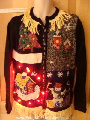 Tacky Ugly Christmas Sweater with Grid of Designs Lights and Fringe (g75)