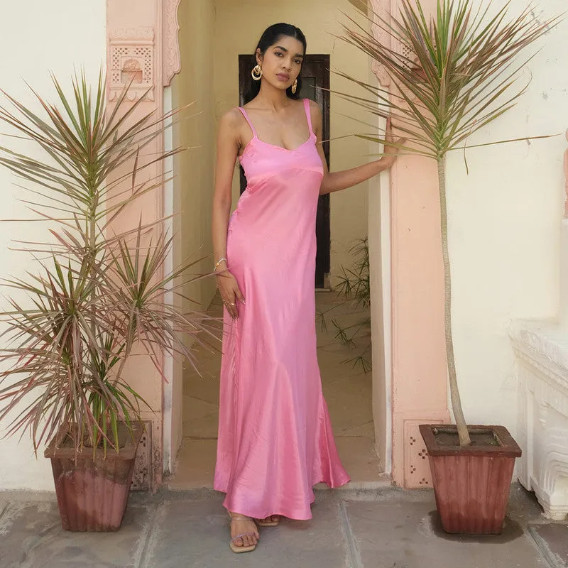 Tencel Dress For Women | V Neck | Back Zip Closure | Pink
