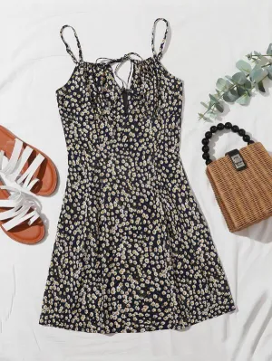 Tie Neck Ruched Bust Ditsy Floral Slip Dress