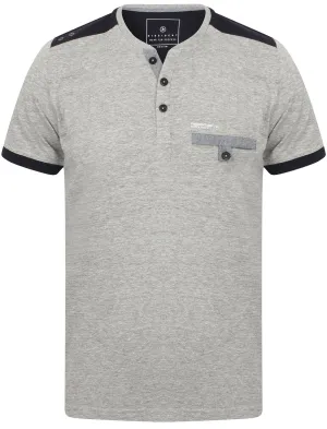 Trilude Open Henley Neck Cotton T-Shirt with Chest Pocket In Light Grey Marl - Dissident