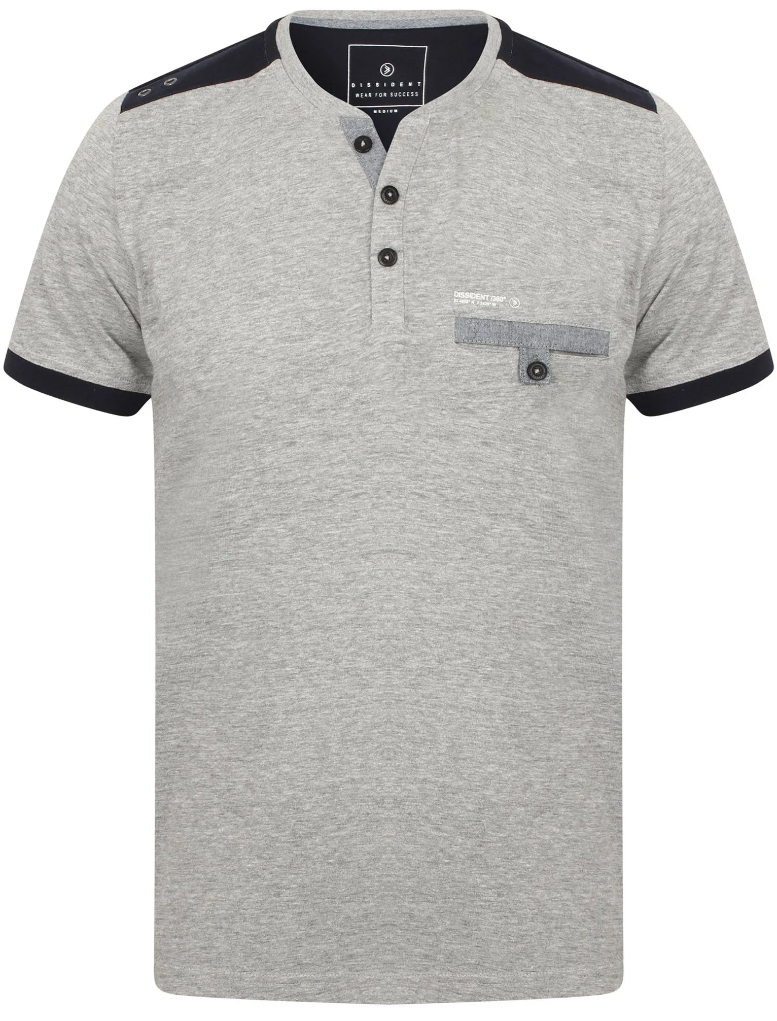 Trilude Open Henley Neck Cotton T-Shirt with Chest Pocket In Light Grey Marl - Dissident