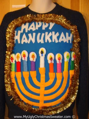 Ugly Christmas Sweater Party Hanukkah Sweater Mens with Menorah (j256)
