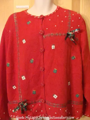 Ugly Christmas Sweater with 3D Plaid Bows and Bling