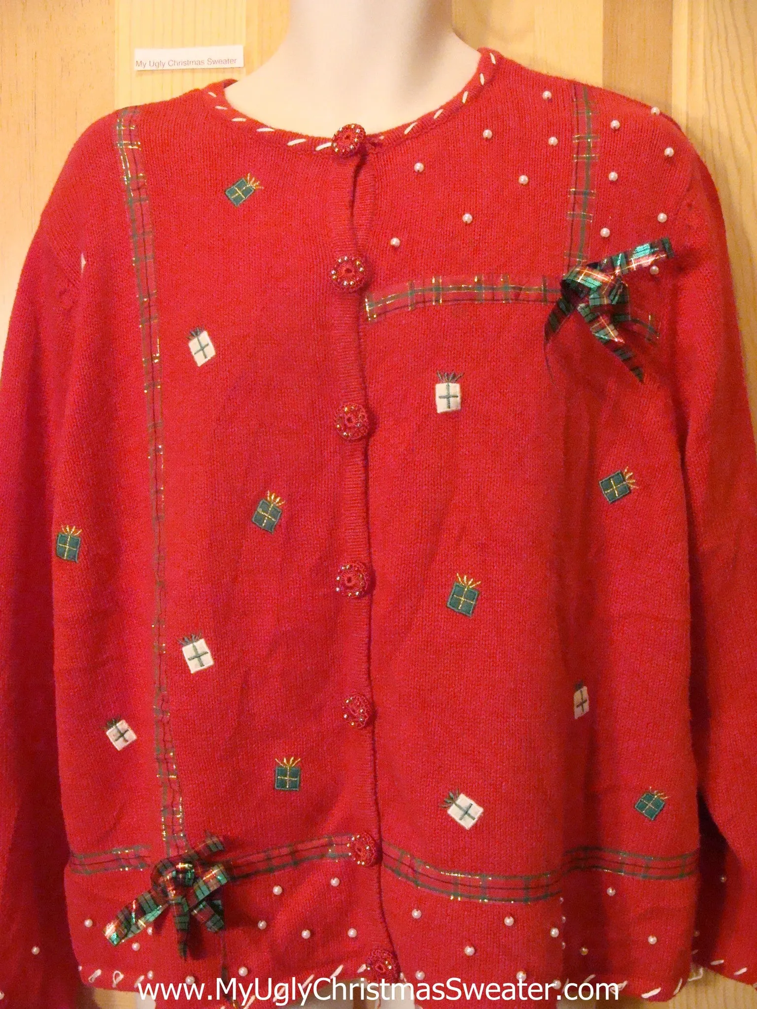 Ugly Christmas Sweater with 3D Plaid Bows and Bling