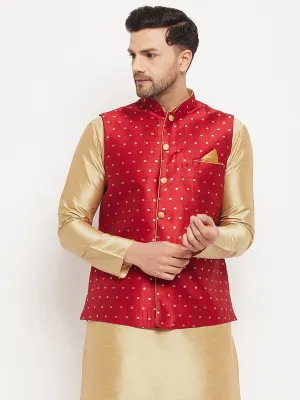 VASTRAMAY Men's Maroon Zari Weaved Jacket