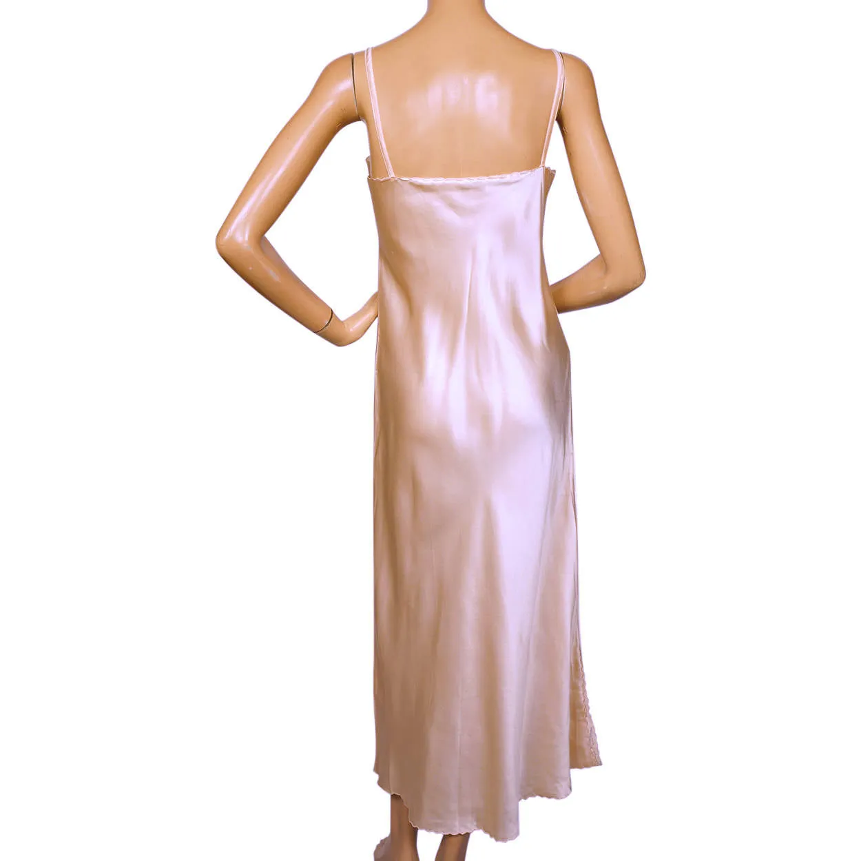 Vintage 1970s Pink Silk Long Slip Hand Embroidered in China Size L