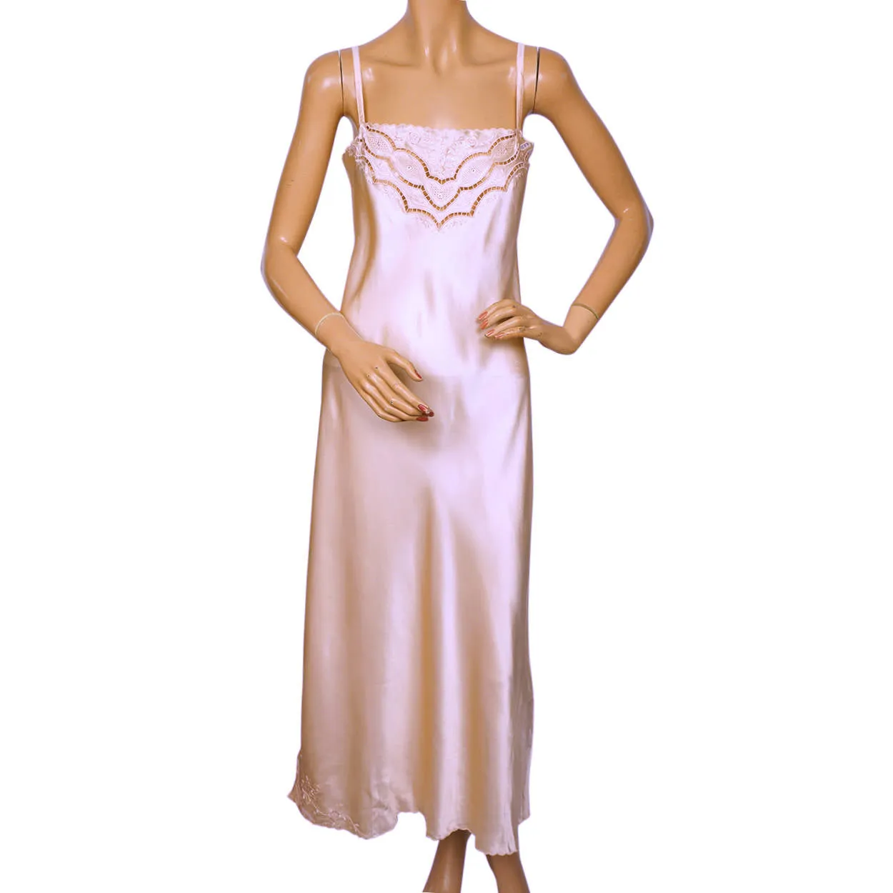 Vintage 1970s Pink Silk Long Slip Hand Embroidered in China Size L