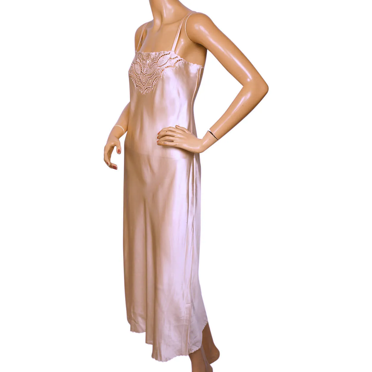 Vintage 1970s Pink Silk Long Slip Hand Embroidered in China Size L