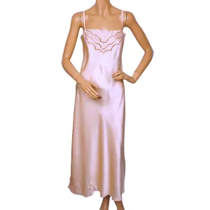 Vintage 1970s Pink Silk Long Slip Hand Embroidered in China Size L