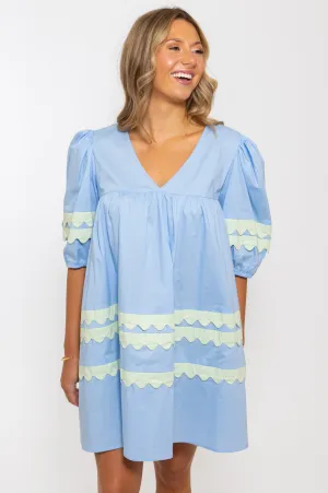 Vneck Scallop Puff Sleeve Dress