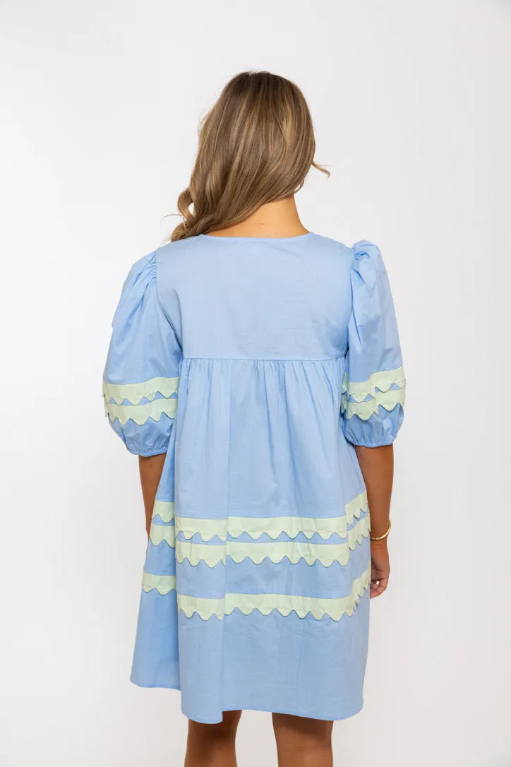 Vneck Scallop Puff Sleeve Dress
