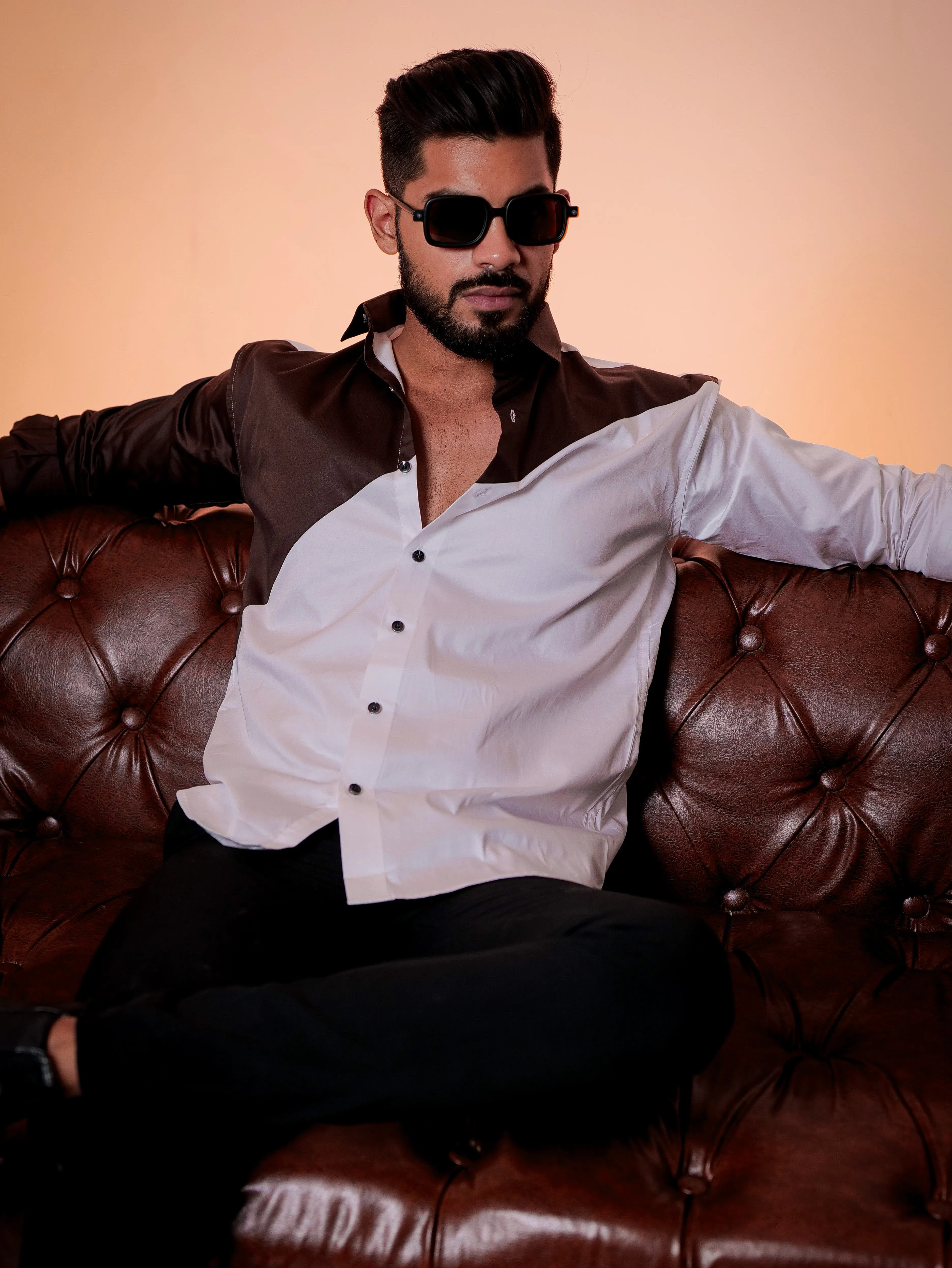 White And brown Designer Satin Cotton Shirt