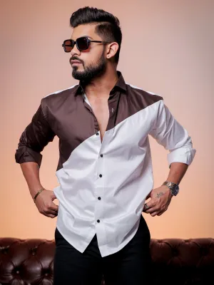 White And brown Designer Satin Cotton Shirt