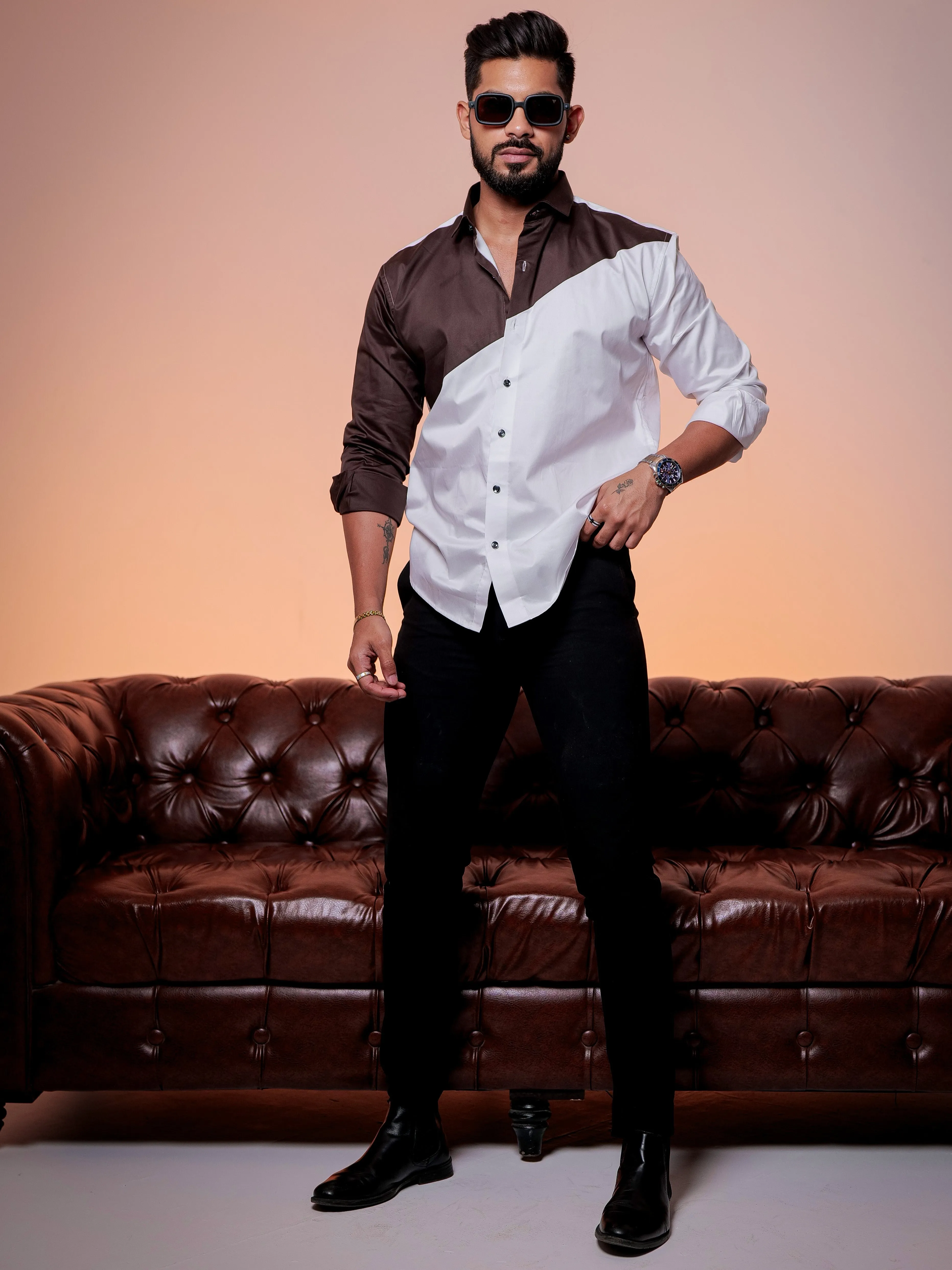 White And brown Designer Satin Cotton Shirt