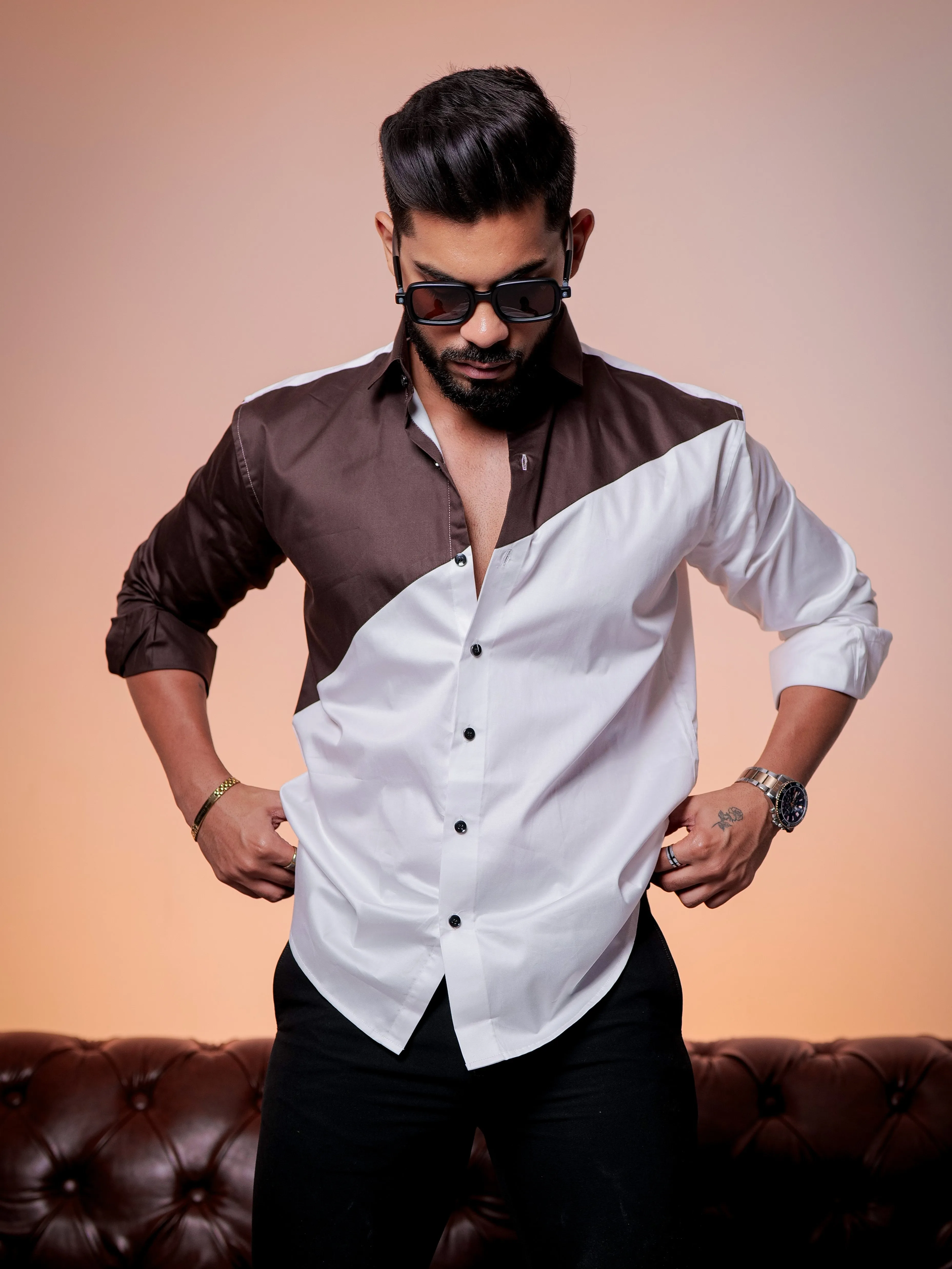 White And brown Designer Satin Cotton Shirt