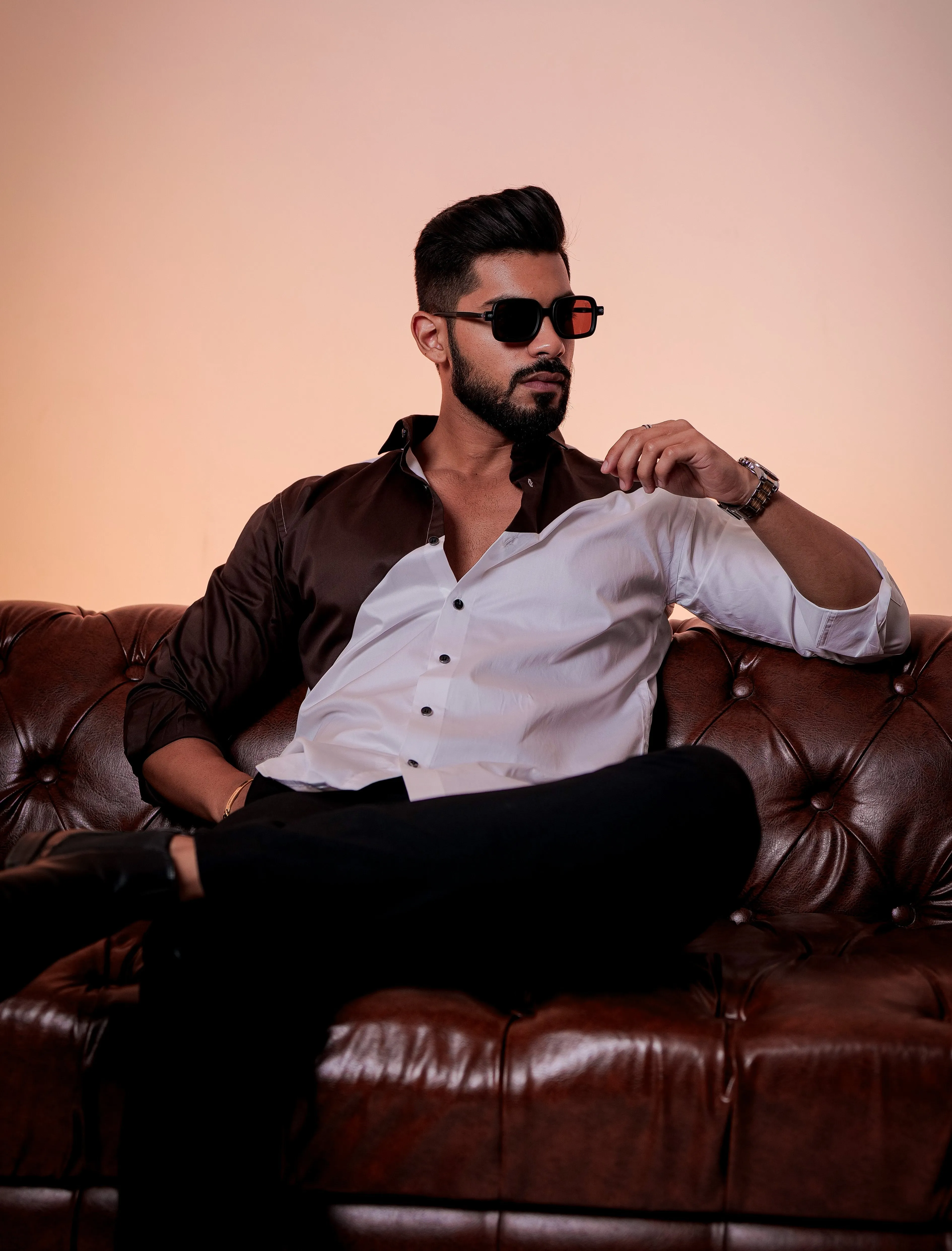 White And brown Designer Satin Cotton Shirt
