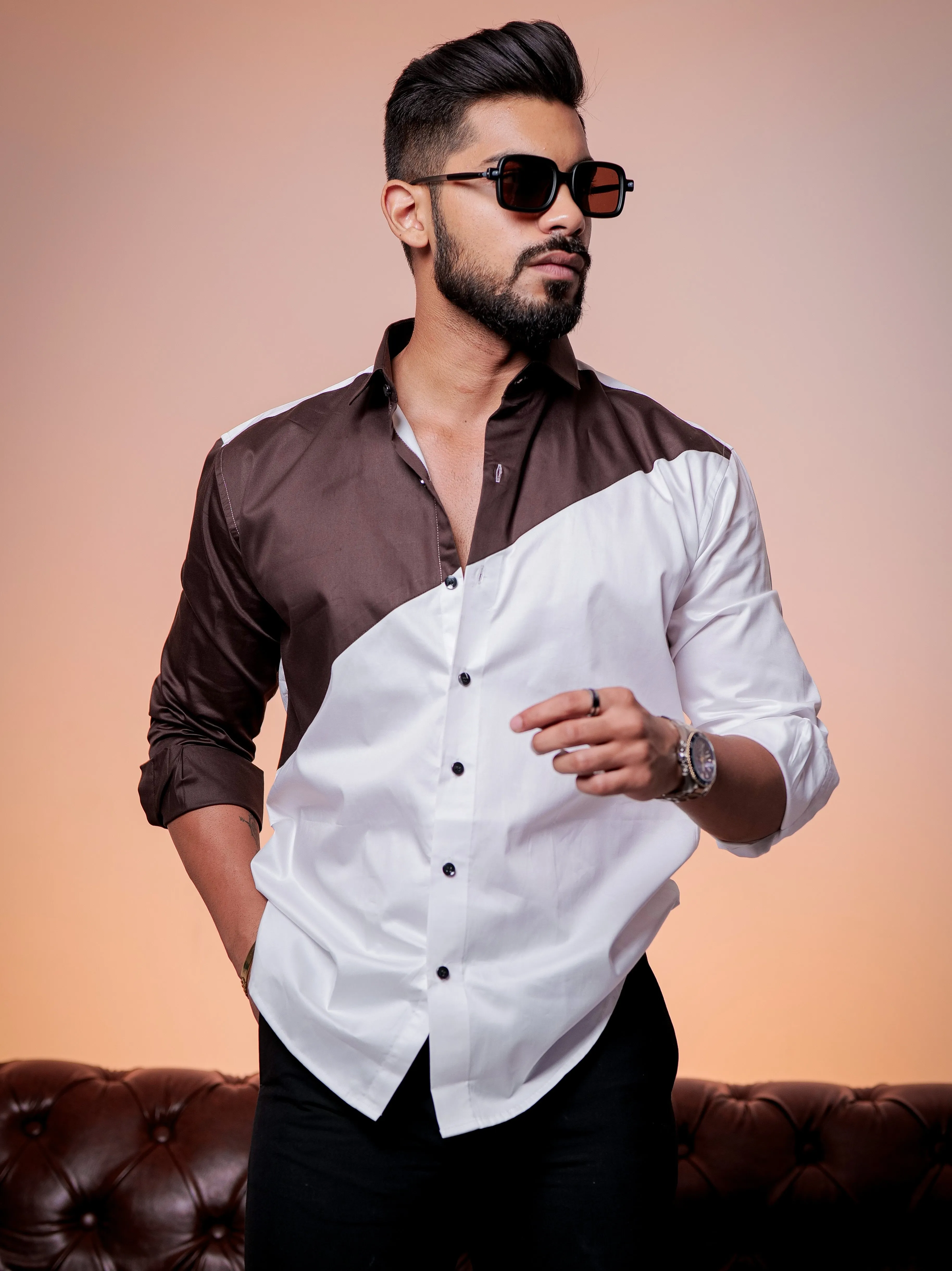 White And brown Designer Satin Cotton Shirt