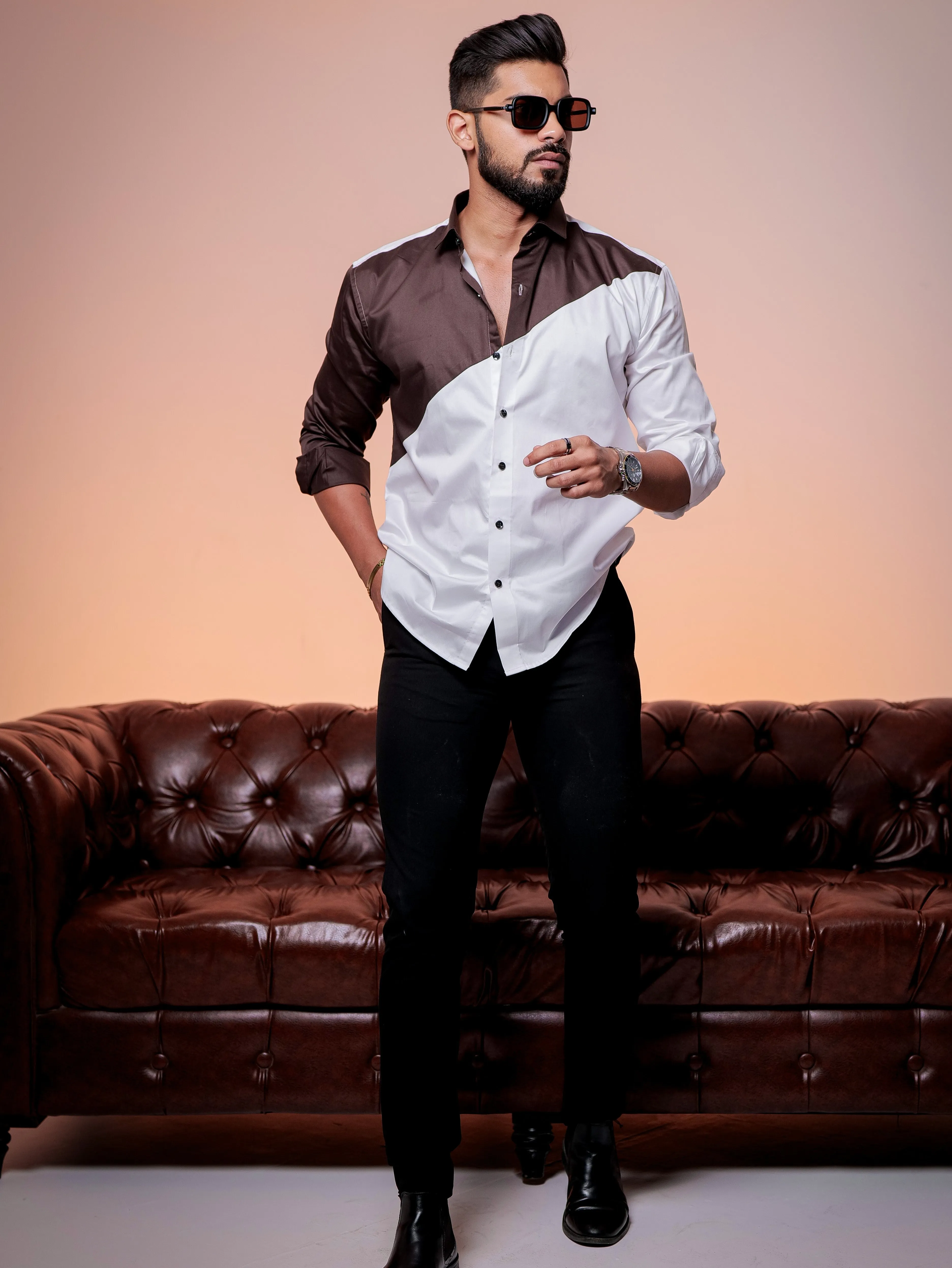 White And brown Designer Satin Cotton Shirt