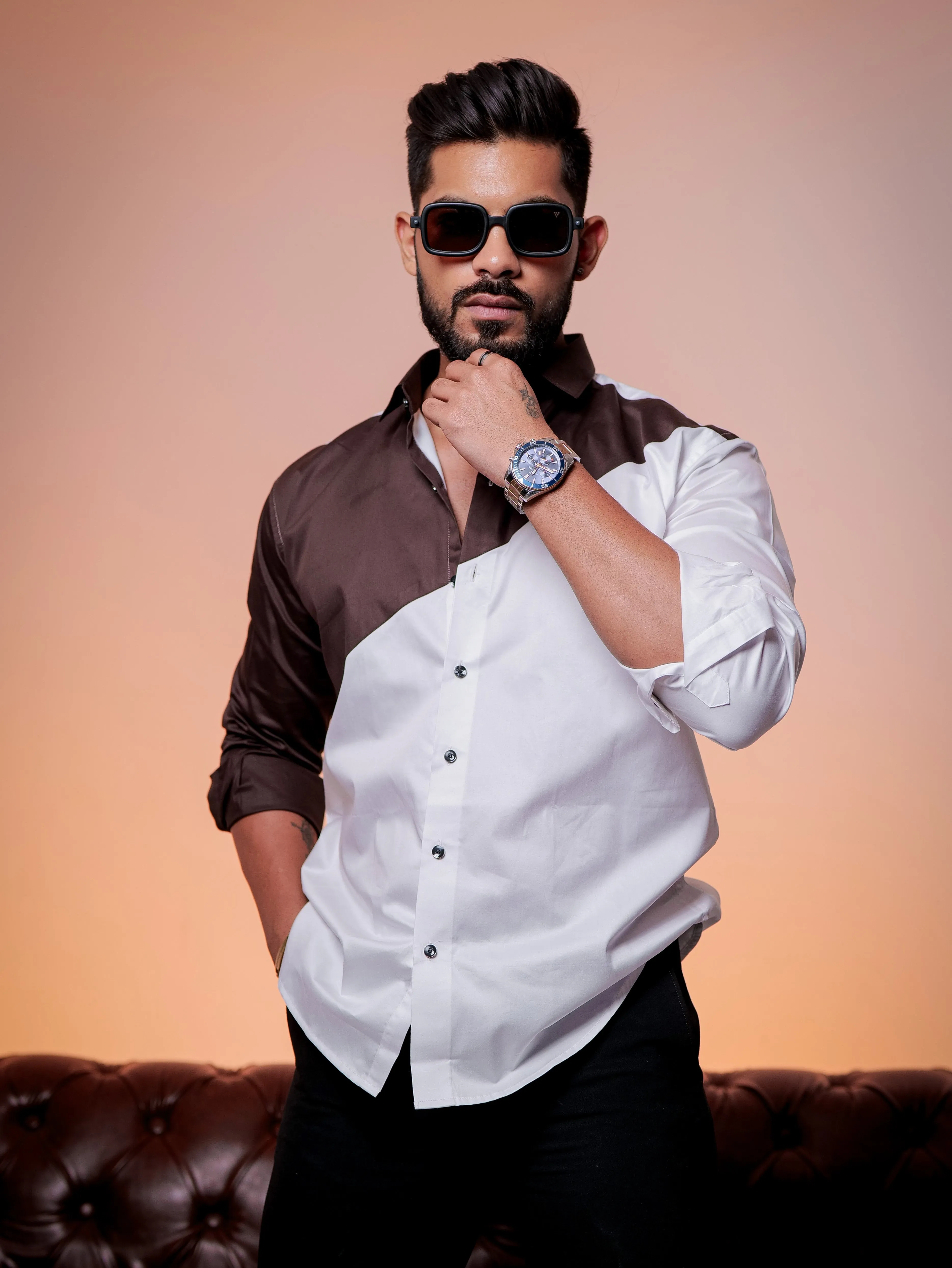 White And brown Designer Satin Cotton Shirt